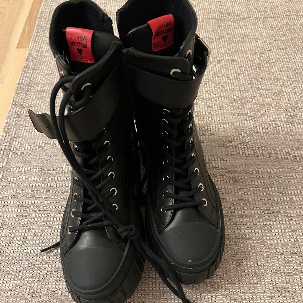 Love Moschino Black Lace-Up Platform Ankle Boots  NWOT
